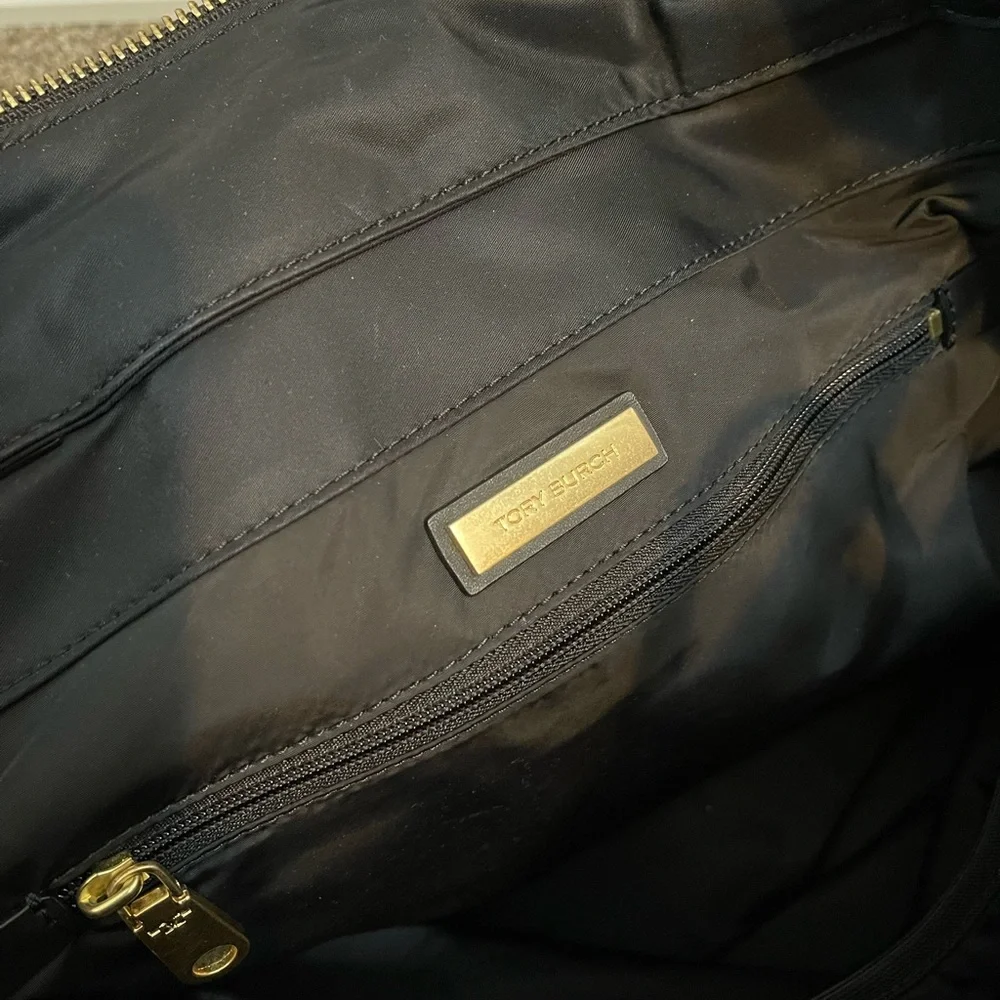Tory Burch Black Nylon Tote with Green Leather Tag and Gold Logo Charm